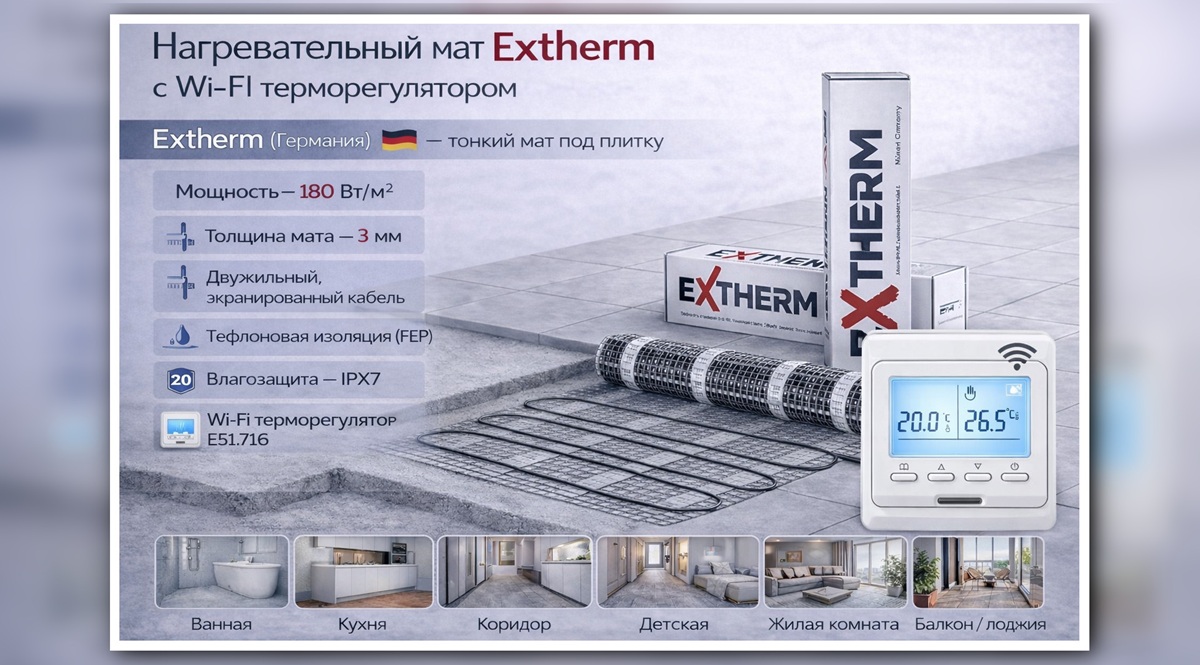 Тёплый пол Extherm с Wi-Fi терморегулятором Нагревательный мат Extherm с Wi-Fi терморегулятором под плитку, 180 Вт/м², Германия