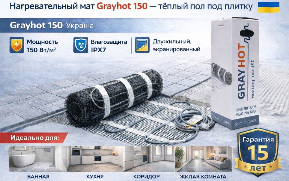 Двухжильный нагревательный мат Grayhot 150 под плитку, 150 Вт/м²
