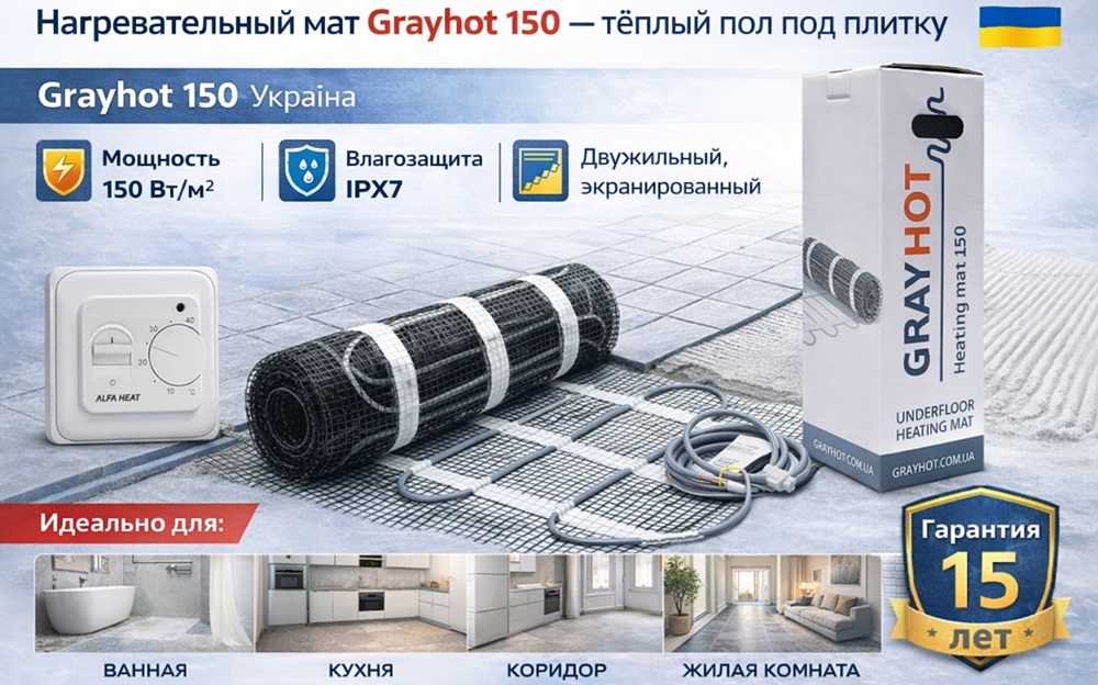 Комплект нагревательного мата Grayhot 150 под плитку с механическим терморегулятором