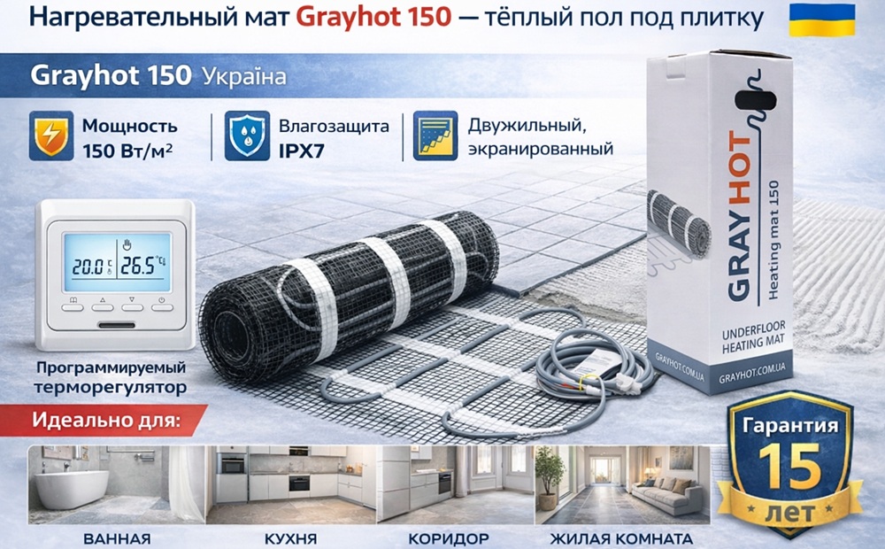 Нагревательный мат Grayhot. Комплект с программируемым терморегулятором Комплект нагревательного мата Grayhot 150 под плитку с программируемым терморегулятором