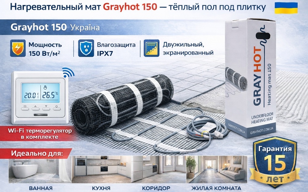 Нагревательный мат Grayhot. Комплект с wi-fi терморегулятором Комплект нагревательного мата Grayhot 150 под плитку с wi-fi терморегулятором