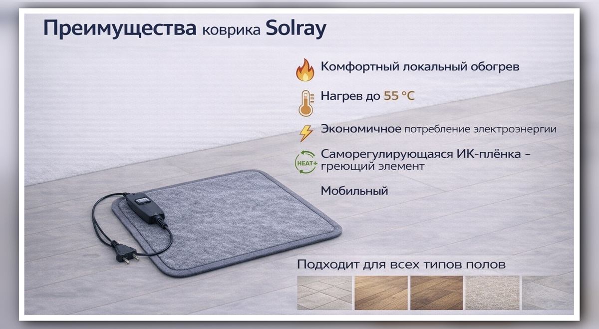 Преимущества коврика с подогревом Solray для локального обогрева Преимущества коврика с подогревом Solray
