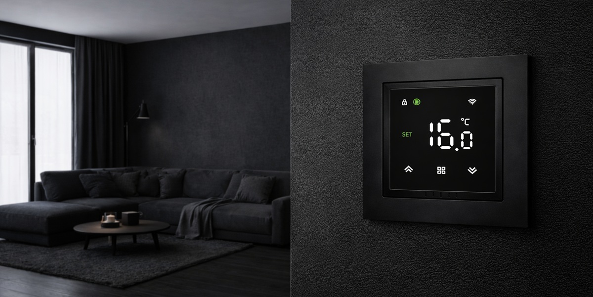 Терморегулятор Heat Plus M79.716 Черный на стене в дизайне Wi-Fi Терморегулятор Heat Plus M79.716 Черный