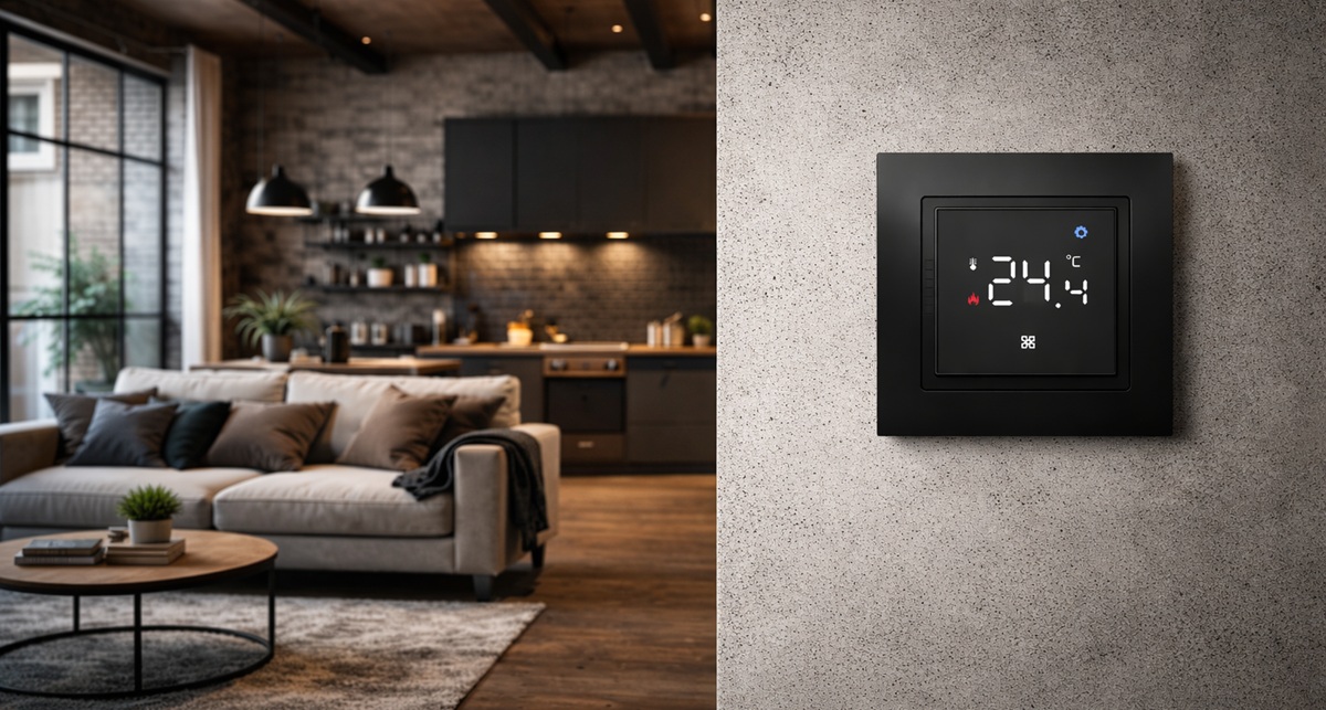 Терморегулятор Heat Plus M79.716b Чорний на стіні в дизайні Терморегулятор Heat Plus M79.716b Чорний матовий