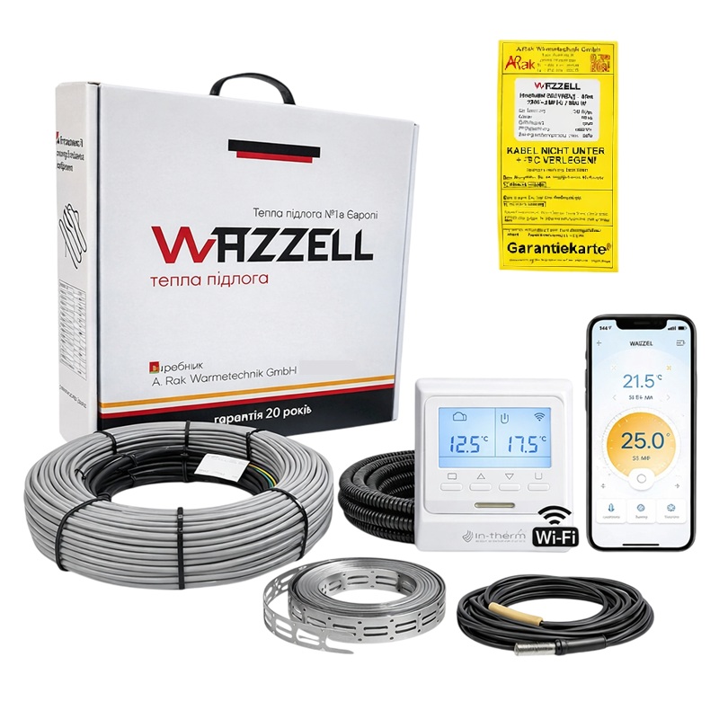 Нагревательный кабель Wazzell - 15 м, 300 Вт + Wi-Fi терморегулятор фото 1