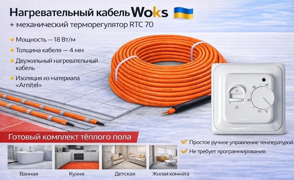 Нагревательный кабель Woks 18 Вт/м с механическим терморегулятором RTC 70, комплект тёплого пола