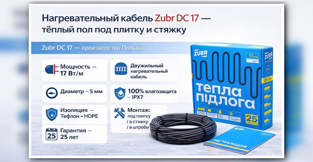 Нагревательный кабель Zubr DC 17, двухжильный, 17 Вт/м, Польша