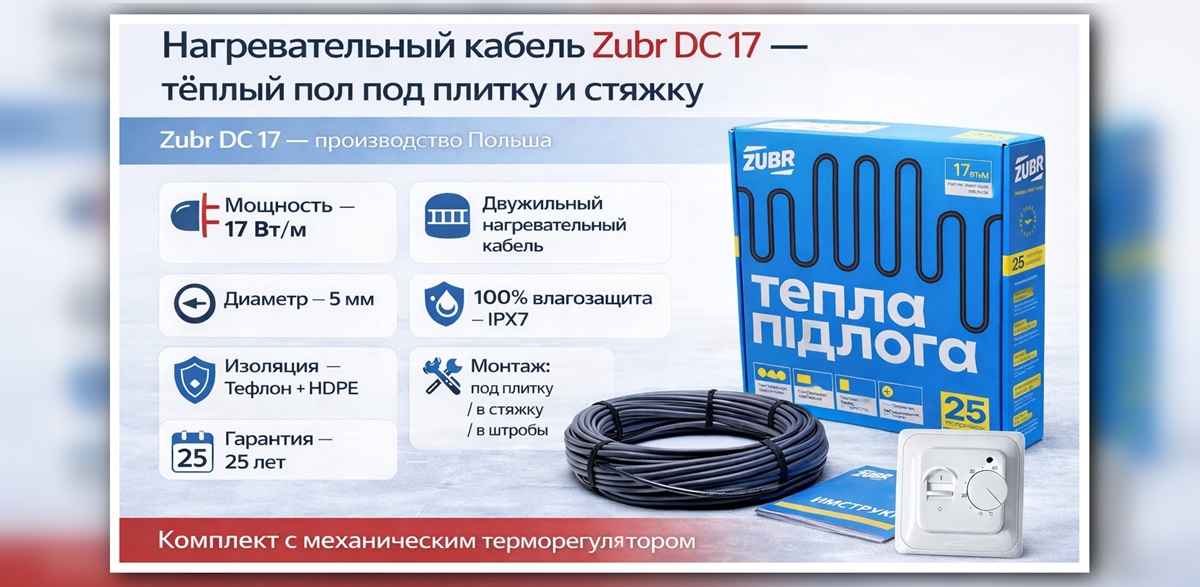 Комплект нагревательного кабеля Zubr с механическим терморегулятором Комплект теплого пола: нагревательный кабель Zubr с механическим терморегулятором