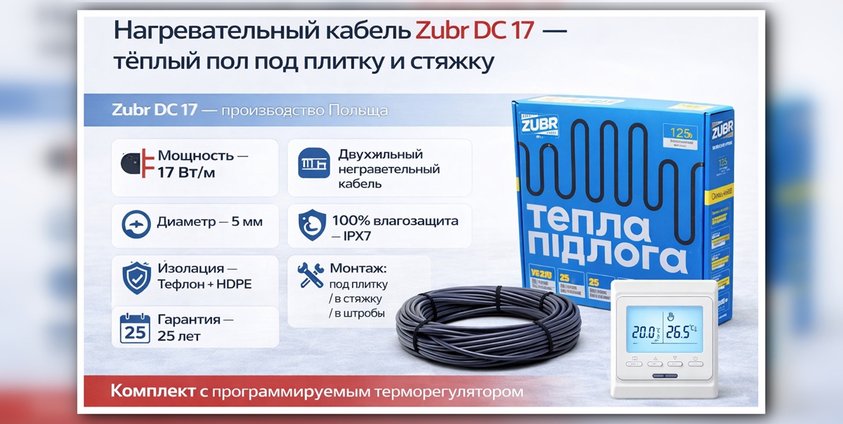 Комплект теплого пола: нагревательный кабель Zubr с программируемым терморегулятором