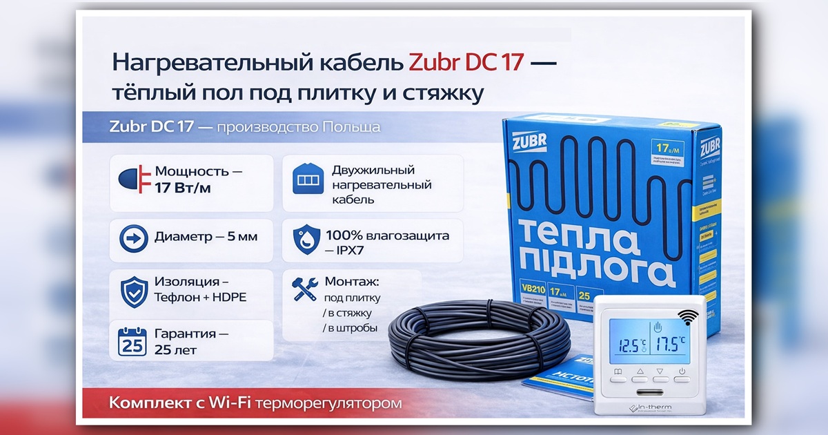 Комплект нагревательного кабеля Zubr с wi-fi терморегулятором Комплект теплого пола: нагревательный кабель Zubr с wi-fi терморегулятором