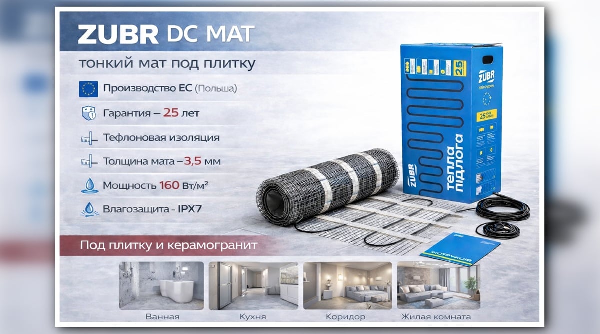 ZUBR DC MAT — тонкий нагревательный мат под плитку, 160 Вт/м², гарантия 25 лет Нагревательный мат ZUBR DC MAT под плитку и керамогранит