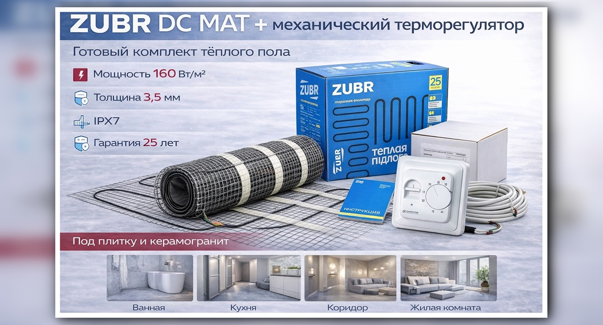 ZUBR DC MAT комплект с механическим терморегулятором Комплект нагревательного мата ZUBR DC MAT с механическим терморегулятором