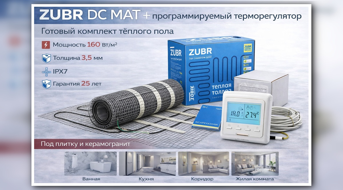 ZUBR DC MAT комплект с программируемым терморегулятором Комплект нагревательного мата ZUBR DC MAT с программируемым терморегулятором