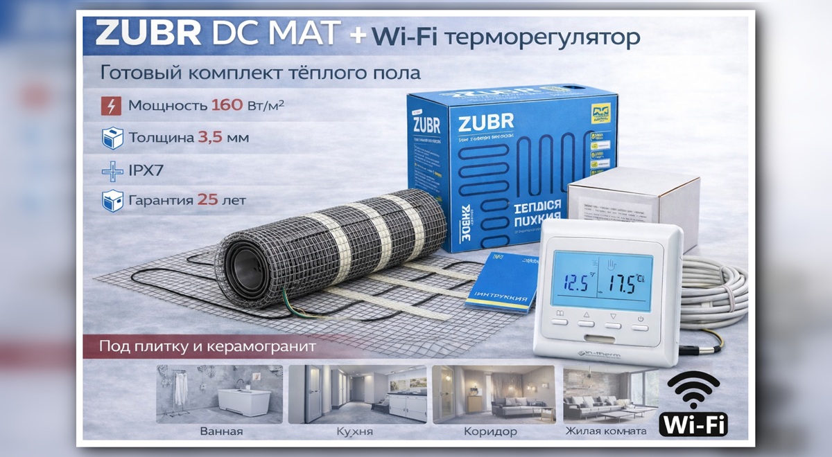 Комплект нагревательного мата ZUBR DC MAT с wi-fi терморегулятором