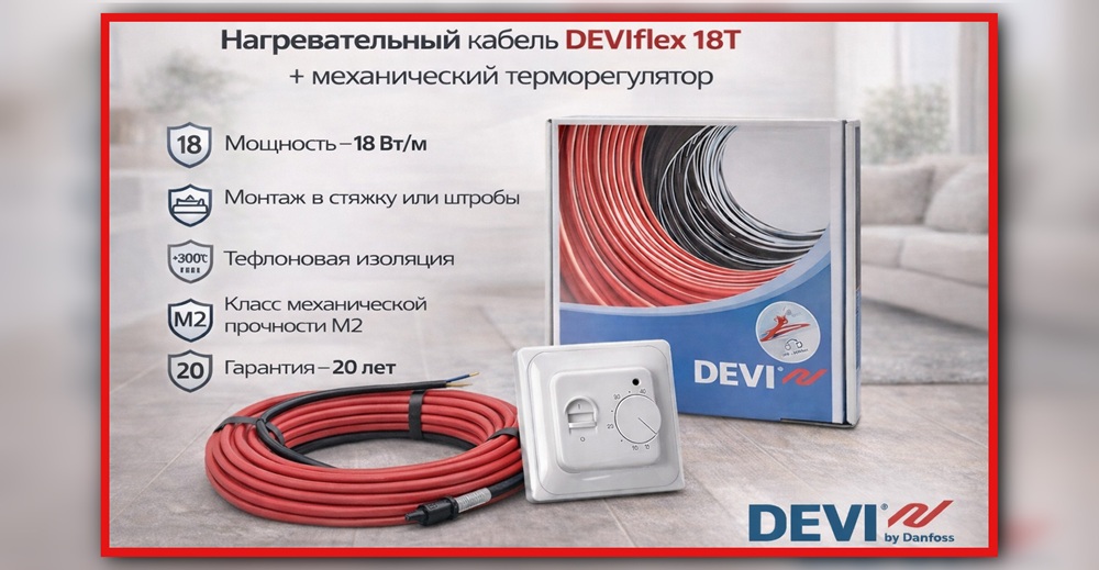 DEVIflex 18T — нагревательный кабель 18 Вт/м с механическим терморегулятором (DEVI) Нагревательный кабель DEVIflex 18T 18 Вт/м с механическим терморегулятором, тефлоновая изоляция, гарантия 20 лет