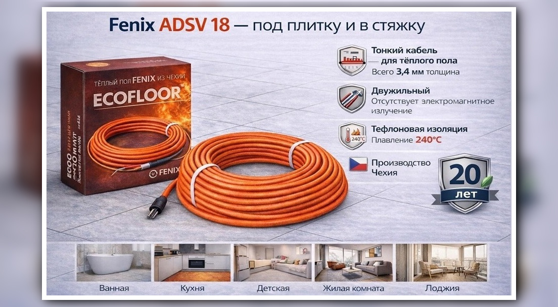 Fenix ADSV 18 — тонкий кабель, под плитку или в стяжку Нагревательный кабель Fenix ADSV 18 — тонкий двухжильный экранированный кабель 18 Вт/м для тёплого пола под плитку и стяжку