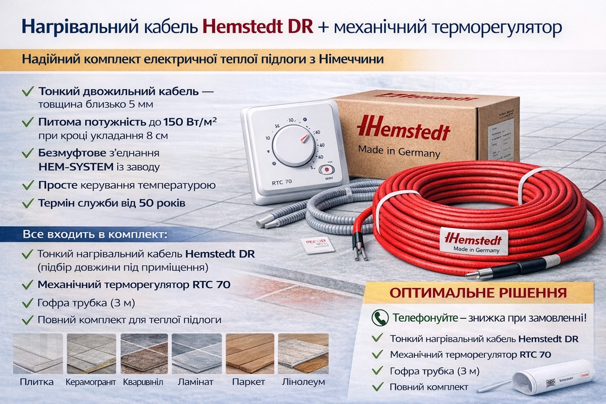 Hemstedt DR + RTC 70 — надёжный комплект электрического тёплого пола Нагревательный кабель Hemstedt DR с механическим терморегулятором RTC 70 — комплект тёплого пола