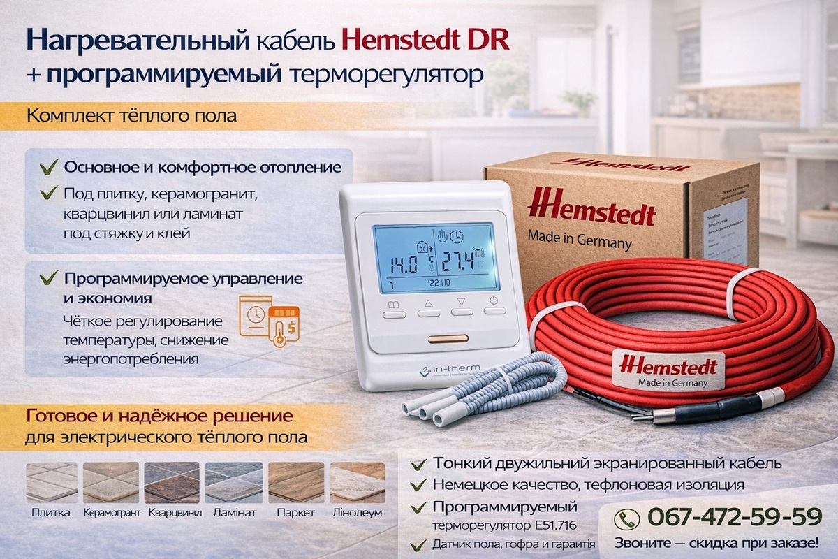 Hemstedt DR + E51.716 — программируемый комплект электрического теплого пола Нагревательный кабель Hemstedt DR с программируемым терморегулятором E51.716 — комплект теплого пола