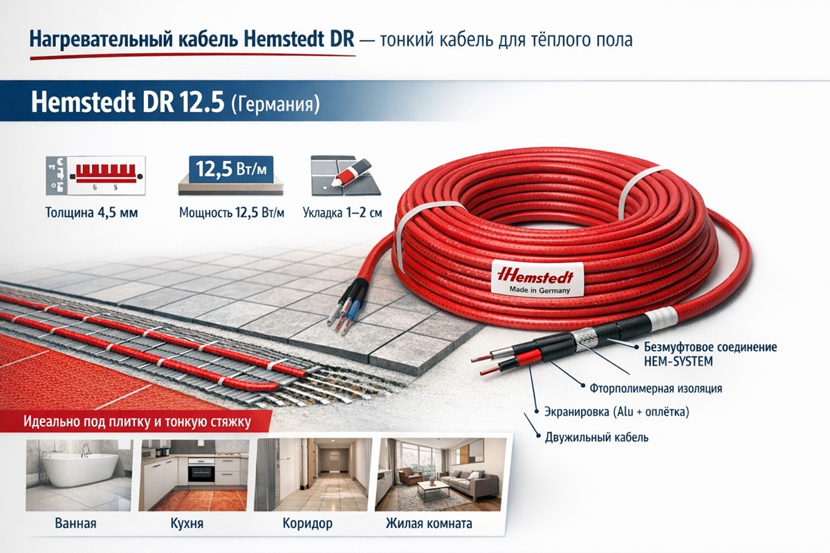 Нагревательный кабель Hemstedt DR 12.5 — Германия, 12,5 Вт/м Нагревательный кабель Hemstedt DR 12.5 — тонкий двухжильный кабель для тёплого пола под плитку