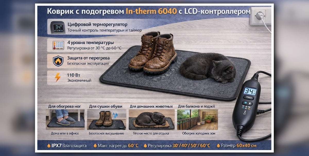 Нагревательный коврик In-therm 6040 с LCD-контроллером для обогрева ног и сушки обуви, IPX7, 60×40 см