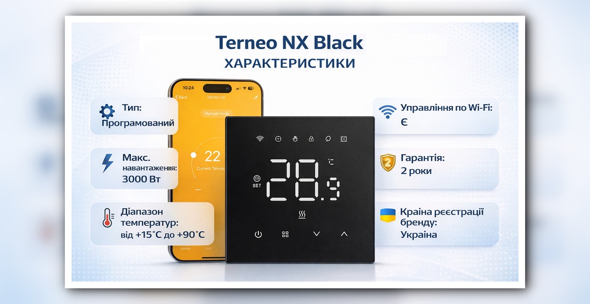 Основные характеристики терморегулятора Terneo NX Black Wi-Fi Терморегулятор Terneo NX Black - характеристики