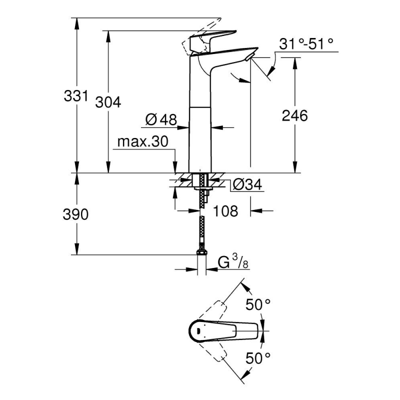 Змішувач для раковини Grohe BauEdge 304 мм XL-Size, хром (23761001) фото 5