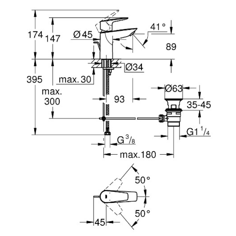 Смеситель для раковины Grohe BauEdge New, S-Size г/п, с донным клапаном, хром (23328001) фото 4