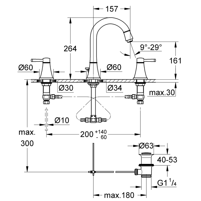 Смеситель для раковины врезной на 3 отверстия Grohe Grandera M-Size, с донным клапаном, хром/золото (20389IG0) фото 3