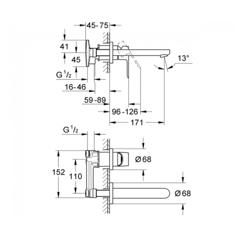 Смеситель для раковины из стены Grohe BauEdge OHM на 2 отв., хром (20474000) фото 2