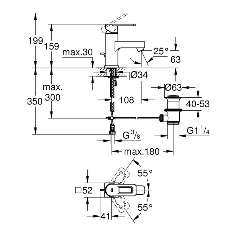 Смеситель для раковины Grohe Quadra S-Size 159 мм с донным клапаном, хром (32631000) фото 3