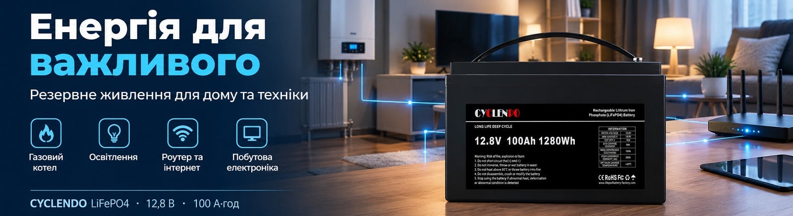 Аккумуляторная батарея литий-железо-фосфатная 12.8В 100А*ч Cyclen 12.8V 100AH LiFePo4