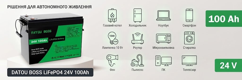 Акумулятор DATOU BOSS LiFePO4 12V 200Ah для електроніки та побутової техніки Акумуляторна батарея DATOU BOSS LiFePO4 24V 100Ah для котлів, холодильників, ПК, роутерів, ноутбуків, мікрохвильових печей