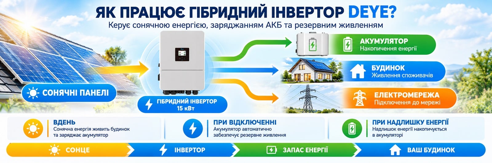 Інвертор Deye SUN-15K-SG05LP3-EU-SM2 робота з мережею, АКБ 48 В, сонячними панелями, генератором