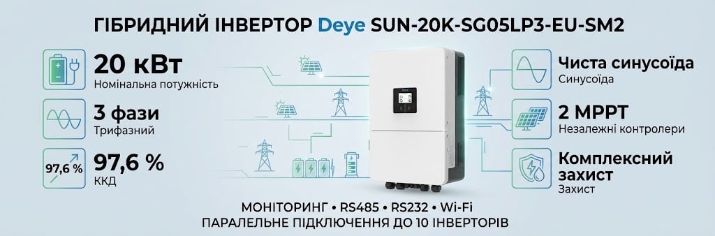 Гібридний інвертор Deye SUN-20K-SG05LP3-EU-SM2 Гібридний трифазний інвертор Deye SUN-20K-SG05LP3-EU-SM2