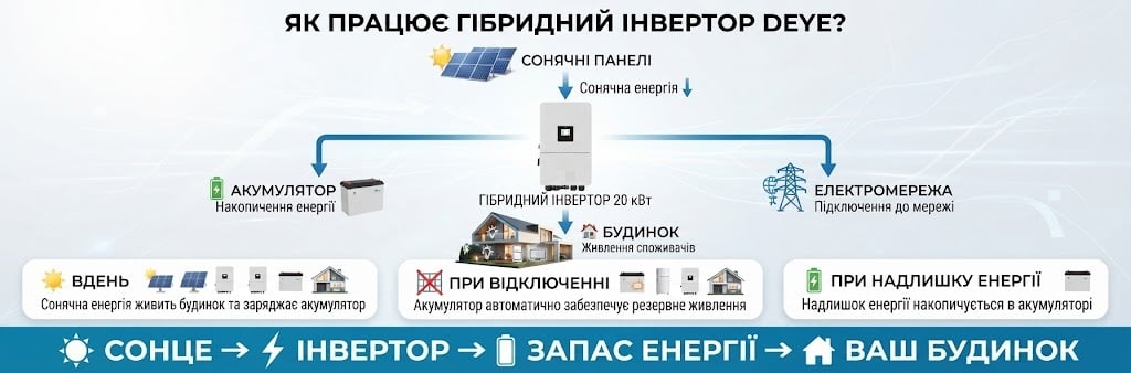 Гібридний інвертор Deye SUN-20K-SG05LP3-EU-SM2 для дому, комерційних та промислових об'єктів Інвертор Deye SUN-20K-SG05LP3-EU-SM2 робота з мережею, АКБ 48 В, сонячними панелями, генератором