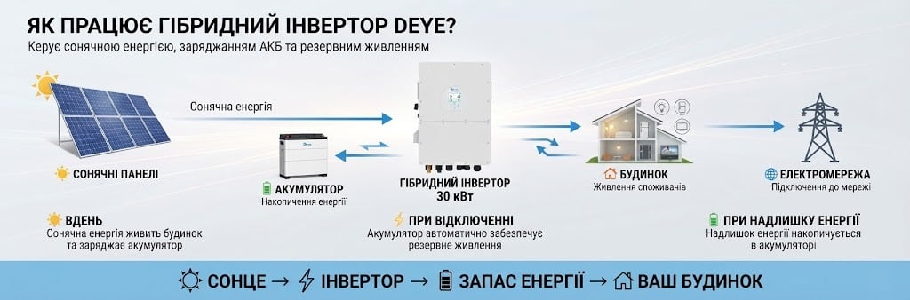 Гібридний інвертор промисловий Deye SUN-30K-SG02HP3-EU-AM3 для великих будинків та промислових об'єктів Інвертор Deye SUN-30K-SG02HP3-EU-AM3 робота з мережею, АКБ 160-700 В, сонячними панелями, генератором