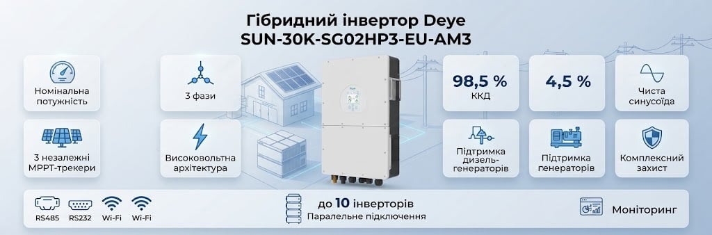 Гібридний інвертор Deye SUN-30K-SG02HP3-EU-AM3 Гібридний трифазний інвертор високовольтний SUN-30K-SG02HP3-EU-AM3