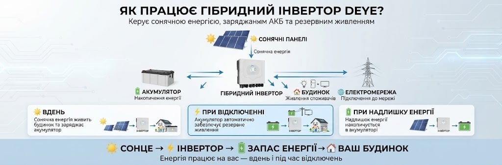 Гібридний інвертор Deye SUN-8K-SG05LP1-EU-AM2 для квартир, будинків, офісів Інвертор Deye SUN-8K-SG05LP1-EU-AM2 робота з мережею, АКБ 48 В, сонячними панелями, генератором