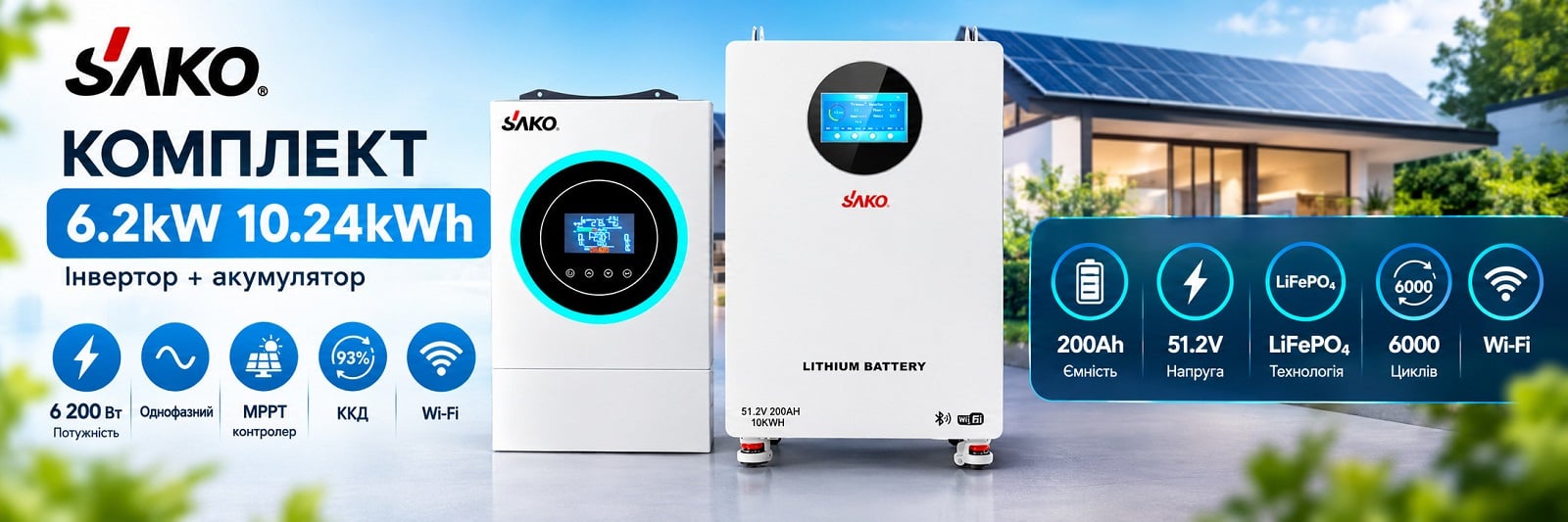 Комплект резервного живлення 6.2kW 10.24kWh: гібридний інвертор Sako SUNON V 6.5KVA/6200W/48V+120A MPPT та акумуляторна батарея 51.2V 200Ah Sako Li-Sun series SK-51.2V200A