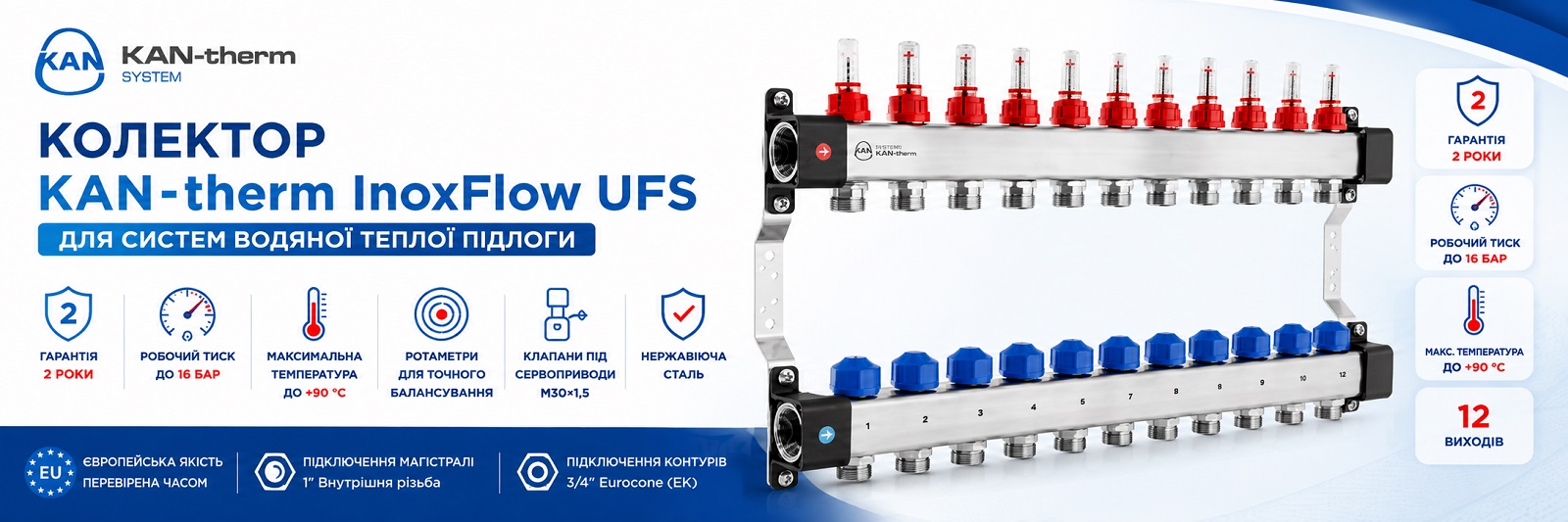Распределитель коллектор Kan InoxFlow с вентилями для сервоприводов и расходомерами серии UFS на 12 отводов Коллектор-распределитель Kan InoxFlow серии UFS на 12 отводов для водяного теплого пола