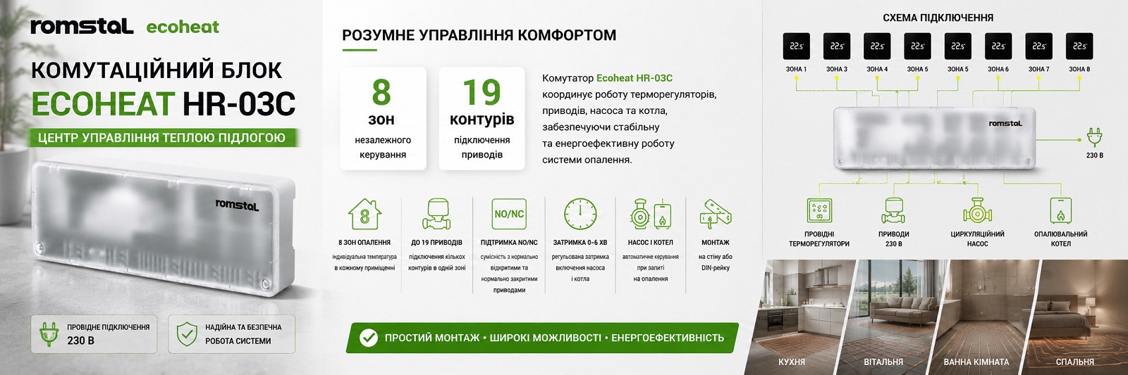 Комутаційний блок Romstal Ecoheat HR-03C у системі водяної теплої підлоги