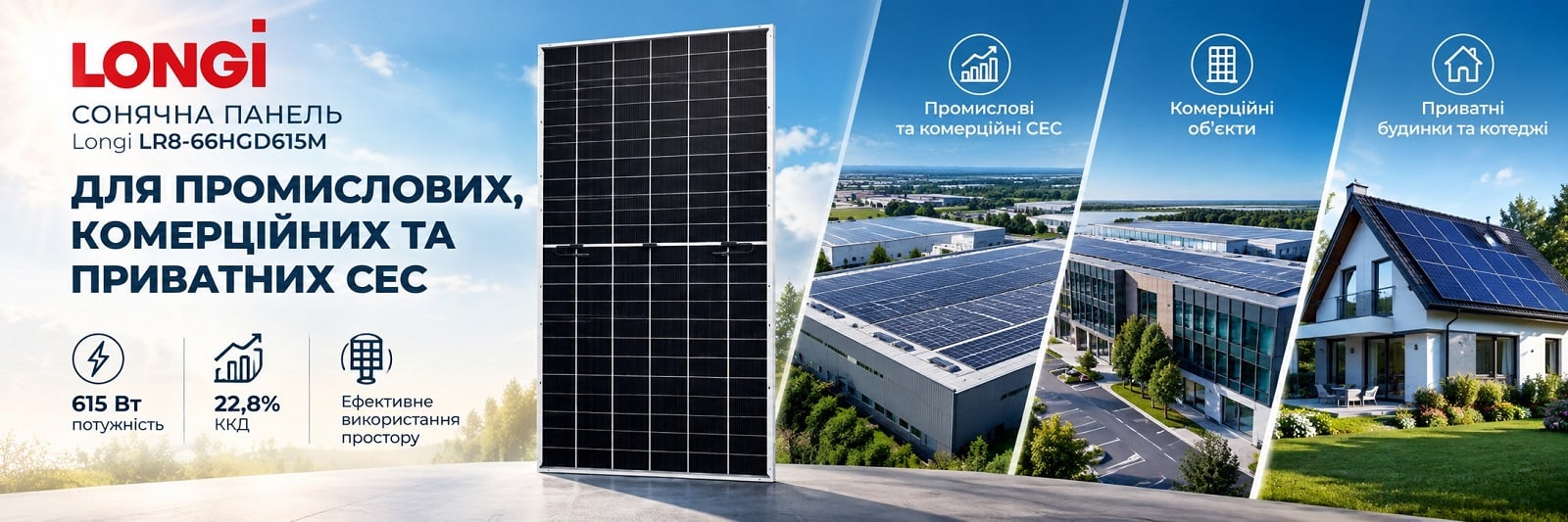 Промышленная высокоэффективная солнечная панель Longi LR8-66HGD615M 615 Вт