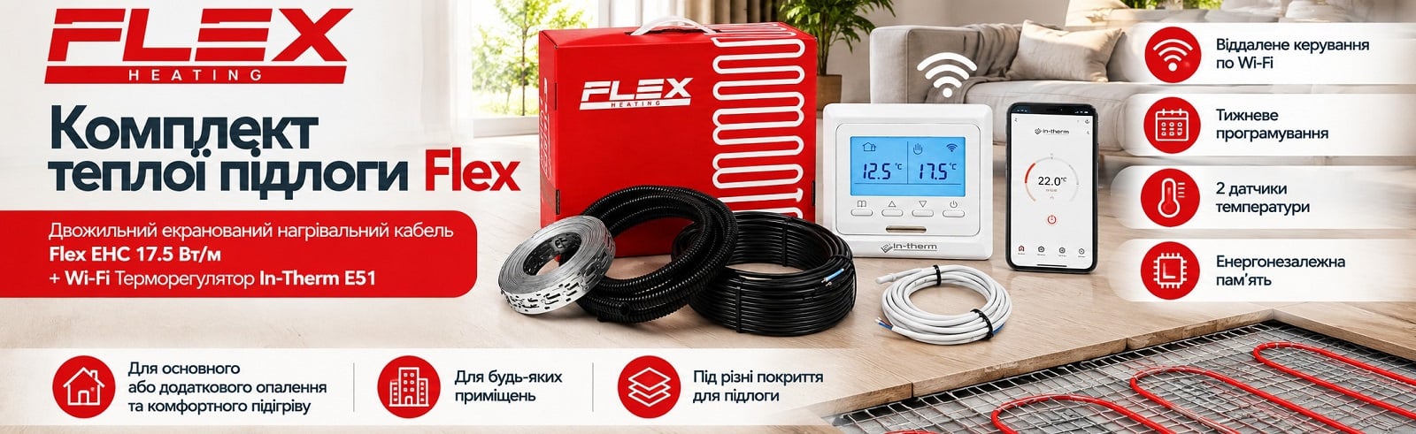 Комплект: нагрівальний кабель Ryxon HC-20 + Wi-Fi Терморегулятор In-Therm E51 Готовий комплект теплої підлоги: кабель Ryxon HC-20 + Wi-Fi Терморегулятор In-Therm E51