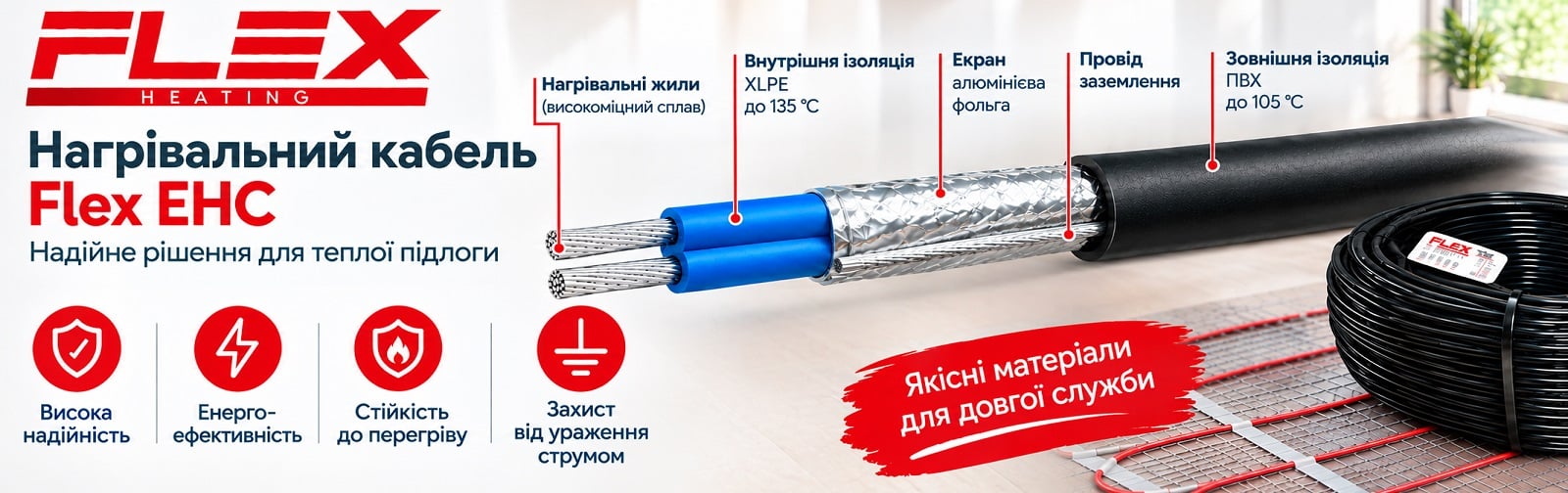 Нагрівальний кабель Flex EHC особливості конструкції Нагрівальний кабель Flex EHC для квартир, будинків, офісів та будь-яких приміщень