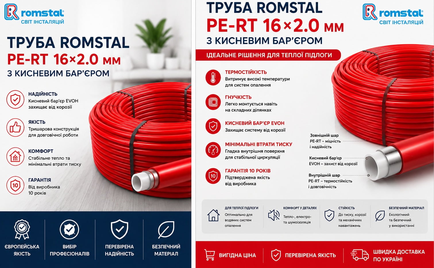 Труба Romstal PE-RT с кислородным барьером 16х2.0 мм, 1 м для теплого пола Труба Romstal PE-RT с кислородным барьером 16х2.0 мм, 1 м для водных систем отопления