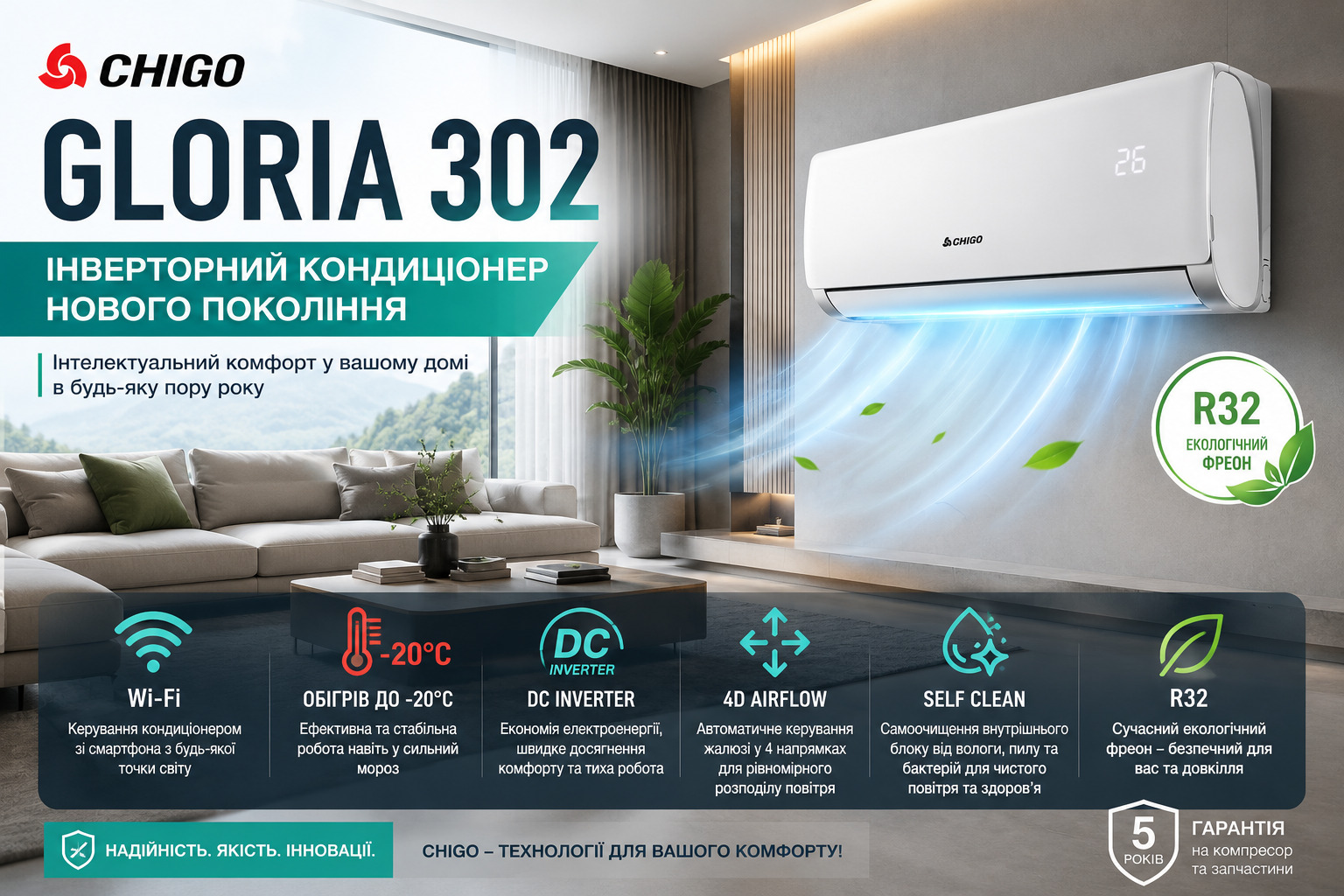 Кондиціонер Chigo Gloria 302 CS-25V3G-G3A02A DC R32 WI-FI Спліт-система Chigo Gloria 302 CS-25V3G-G3A02A DC R32 WI-FI