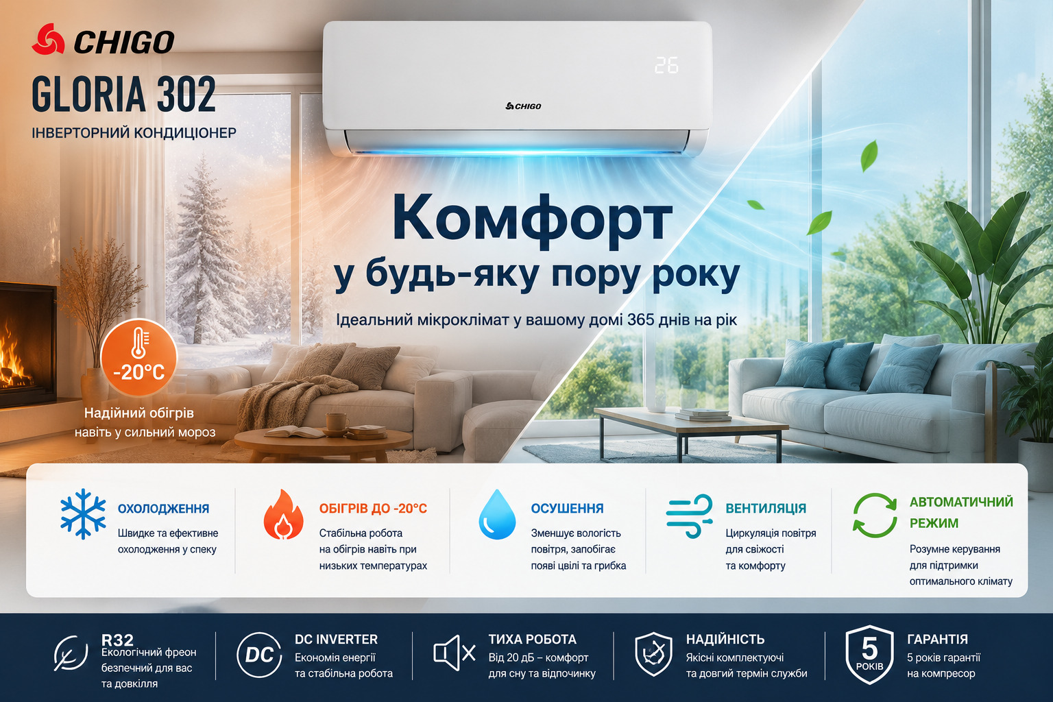 Спліт-система Chigo Gloria 302 — комфорт у будь-яку пору року Кондиціонер Chigo Gloria 302 з режимами охолодження, обігріву, осушення, вентиляції та автоматичним режимом роботи.