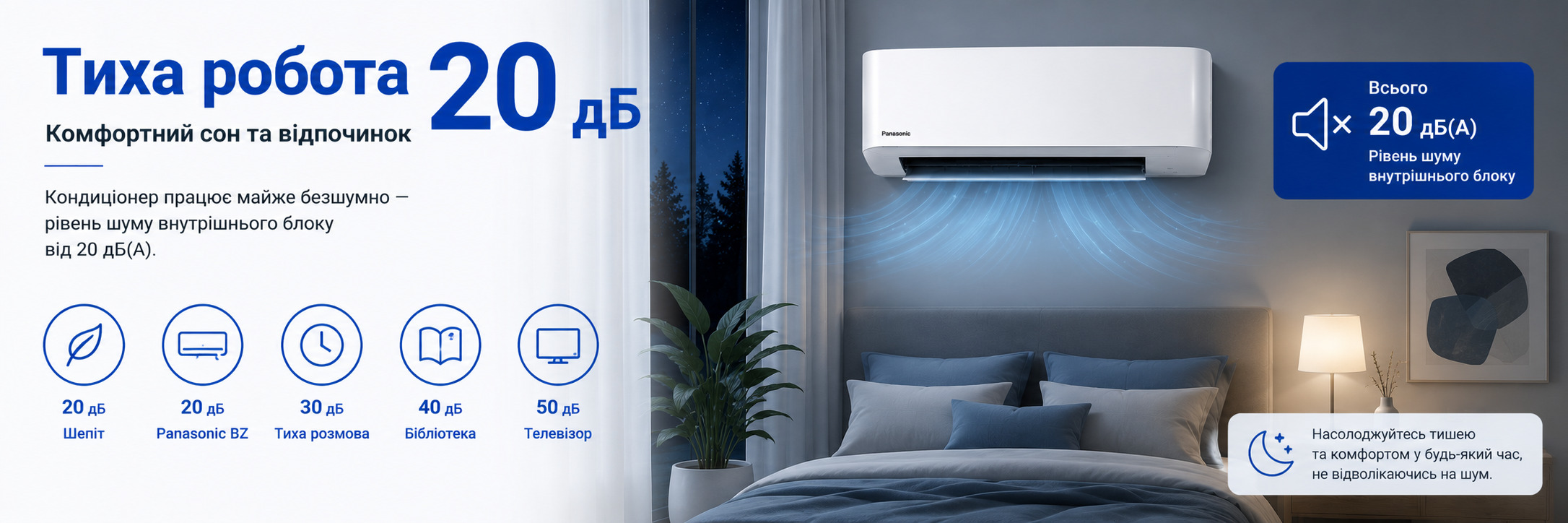 Кондиционеры Panasonic BZ SUPER-COMPACT — сверхтихая работа от 20 дБ Инфографика тихой работы кондиционера Panasonic BZ SUPER-COMPACT с уровнем шума от 20 дБ