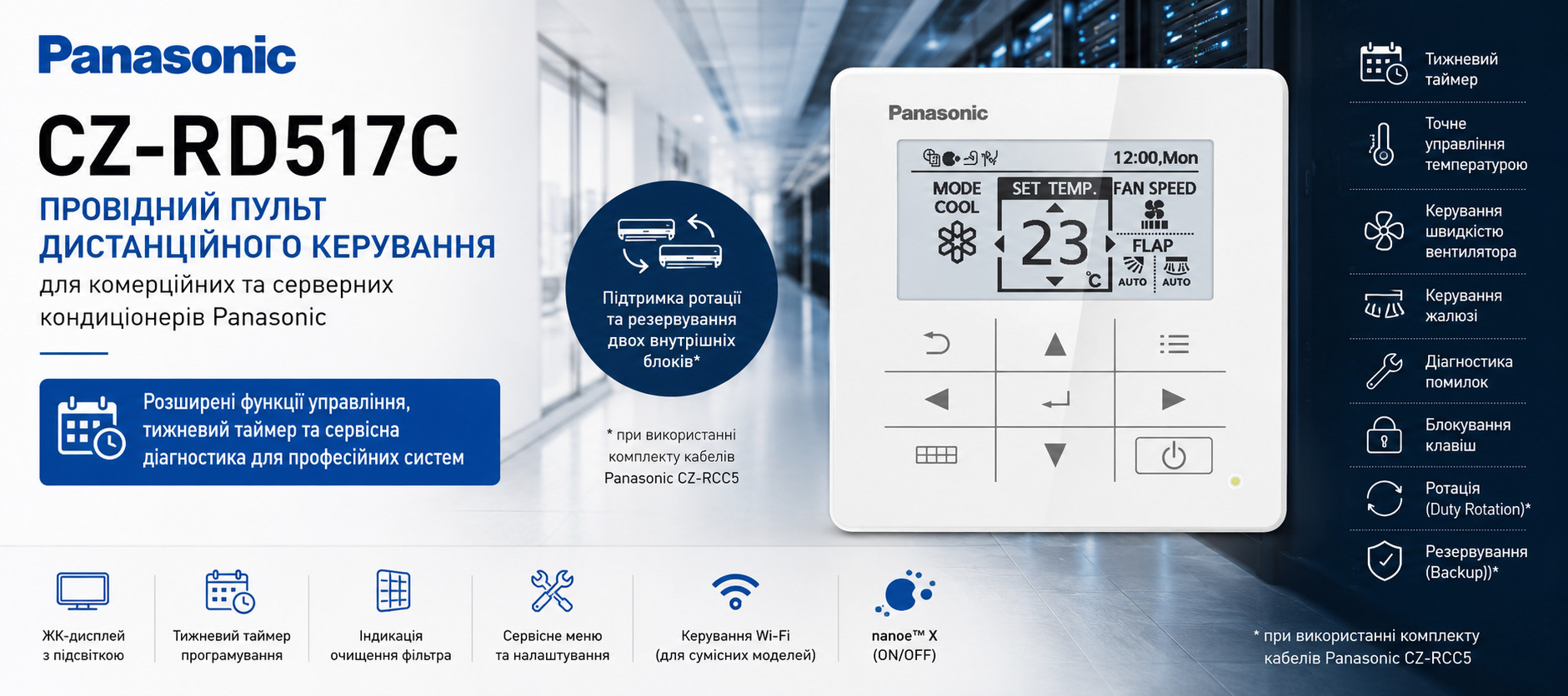 Проводной пульт дистанционного управления Panasonic CZ-RD517C Пульт дистанционного управления Panasonic CZ-RD517C для серверных кондиционеров