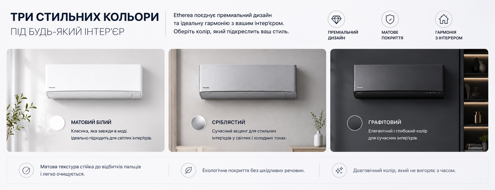 Настенные внутренние блоки Panasonic Etherea — три стильных цвета на выбор Кондиционеры Panasonic Etherea в белом, серебристом и графитовом в современных интерьерах цветах